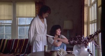 Movie still from “Silkwood” (1983), directed by Mike Nichols – Two women are sitting at a dining room table; Medium shot, Over the shoulder angle