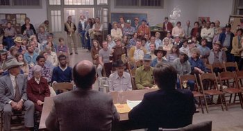Movie still from “Silkwood” (1983), directed by Mike Nichols – A group of people sitting around a table; Wide shot, High angle