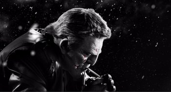 Movie still from “Sin City: A Dame to Kill For” (2014), directed by Frank Miller – A person holding a cigarette in his mouth; Close Up shot, Low angle