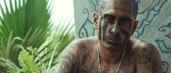 Movie still from “Sin Nombre” (2009), directed by Cary Joji Fukunaga – A man with tattoos on his arms and face; Close Up shot, High angle