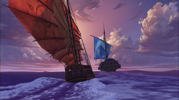 Movie still from “Sinbad: Legend of the Seven Seas” (2003), directed by Tim Johnson – A painting of two ships sailing in the ocean at sunset; Extreme Wide shot, High angle
