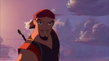 Movie still from “Sinbad: Legend of the Seven Seas” (2003), directed by Tim Johnson – A painting of a man with a red hat; Close Up shot, Low angle