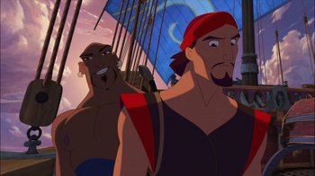 Movie still from “Sinbad: Legend of the Seven Seas” (2003), directed by Tim Johnson – Two animated pirates on a boat in the ocean; Medium shot, Over the shoulder angle