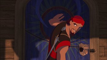 Movie still from “Sinbad: Legend of the Seven Seas” (2003), directed by Tim Johnson – A man with a sword standing in front of a wall; Medium shot, Over the shoulder angle