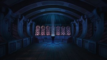 Movie still from “Sinbad: Legend of the Seven Seas” (2003), directed by Tim Johnson – A room with a table and chairs in the center; Extreme Wide shot, High angle