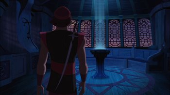 Movie still from “Sinbad: Legend of the Seven Seas” (2003), directed by Tim Johnson – A man standing in front of an altar in a room with stained - glass windows; Wide shot, High angle