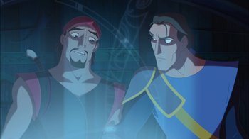 Movie still from “Sinbad: Legend of the Seven Seas” (2003), directed by Tim Johnson – Two animated men are looking at each other; Medium shot, Over the shoulder angle