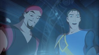 Movie still from “Sinbad: Legend of the Seven Seas” (2003), directed by Tim Johnson – Two men are standing next to each other; Medium shot, Over the shoulder angle