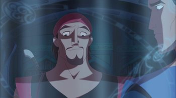 Movie still from “Sinbad: Legend of the Seven Seas” (2003), directed by Tim Johnson – A man with a red bandanna on his head; Close Up shot, Over the shoulder angle