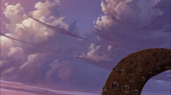 Movie still from “Sinbad: Legend of the Seven Seas” (2003), directed by Tim Johnson – A painting of clouds in a purple sky; Extreme Wide shot, Low angle
