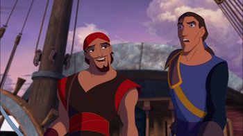 Movie still from “Sinbad: Legend of the Seven Seas” (2003), directed by Tim Johnson – Two animated men standing next to each other on a boat; Medium shot, Over the shoulder angle