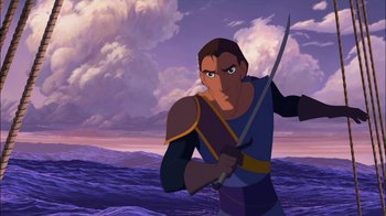 Movie still from “Sinbad: Legend of the Seven Seas” (2003), directed by Tim Johnson – A man holding a sword standing in front of a body of water; Medium shot, Low angle