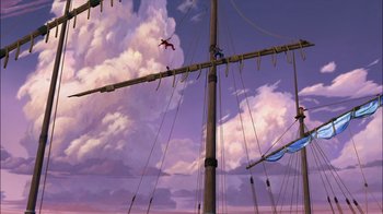 Movie still from “Sinbad: Legend of the Seven Seas” (2003), directed by Tim Johnson – A man is hanging from a rope on a sail boat; Extreme Wide shot, Low angle