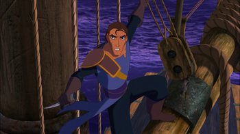 Movie still from “Sinbad: Legend of the Seven Seas” (2003), directed by Tim Johnson – A man in blue and yellow shirt holding a sword in front of a body of water; Medium shot, Low angle