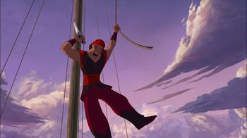 Movie still from “Sinbad: Legend of the Seven Seas” (2003), directed by Tim Johnson – A man hanging from a power line holding a sword; Wide shot, Low angle