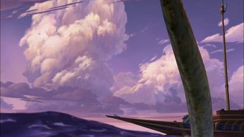 Movie still from “Sinbad: Legend of the Seven Seas” (2003), directed by Tim Johnson – A painting of a boat in the ocean under a cloudy sky; Extreme Wide shot, Low angle