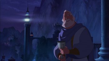 Movie still from “Sinbad: Legend of the Seven Seas” (2003), directed by Tim Johnson – An old man holding a cup standing in front of a castle; Wide shot, Low angle