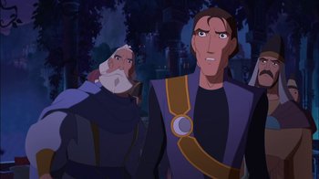 Movie still from “Sinbad: Legend of the Seven Seas” (2003), directed by Tim Johnson – A man and an old man standing next to each other in front of trees; Medium shot, Over the shoulder angle