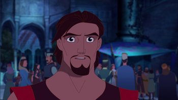 Movie still from “Sinbad: Legend of the Seven Seas” (2003), directed by Tim Johnson – A man with long hair and a beard is looking at the camera; Close Up shot, Over the shoulder angle