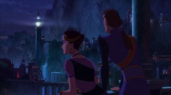 Movie still from “Sinbad: Legend of the Seven Seas” (2003), directed by Tim Johnson – A couple of people that are sitting on a ledge; Extreme Wide shot, Low angle