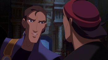 Movie still from “Sinbad: Legend of the Seven Seas” (2003), directed by Tim Johnson – A man is looking at another man's reflection in a mirror; Close Up shot, Over the shoulder angle