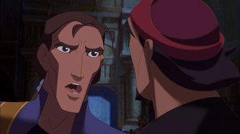 Movie still from “Sinbad: Legend of the Seven Seas” (2003), directed by Tim Johnson – A man and a woman are looking at each other; Close Up shot, Over the shoulder angle
