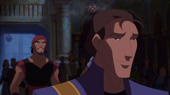 Movie still from “Sinbad: Legend of the Seven Seas” (2003), directed by Tim Johnson – A man's face in a movie scene; Close Up shot, Over the shoulder angle