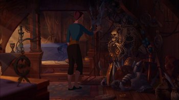 Movie still from “Sinbad: Legend of the Seven Seas” (2003), directed by Tim Johnson – A woman standing in front of a skeleton in a room; Wide shot, High angle
