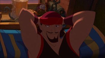 Movie still from “Sinbad: Legend of the Seven Seas” (2003), directed by Tim Johnson – A man with a red bandanna on his head; Medium shot, High angle