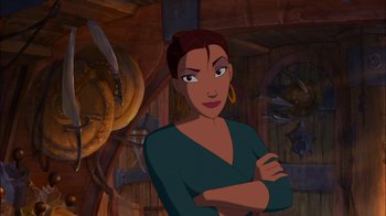 Movie still from “Sinbad: Legend of the Seven Seas” (2003), directed by Tim Johnson – A woman standing with her arms crossed in front of a wall; Medium shot, Over the shoulder angle