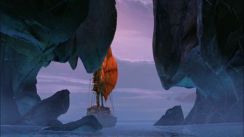 Movie still from “Sinbad: Legend of the Seven Seas” (2003), directed by Tim Johnson – A boat floating in the middle of the ocean; Extreme Wide shot, Low angle