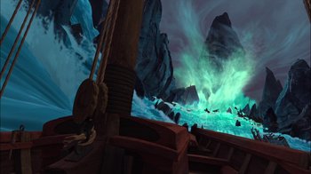 Movie still from “Sinbad: Legend of the Seven Seas” (2003), directed by Tim Johnson – An image of an ocean scene with a ship in the background; Extreme Wide shot, High angle