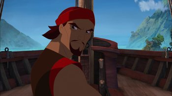 Movie still from “Sinbad: Legend of the Seven Seas” (2003), directed by Tim Johnson – An animated pirate with a red bandanna on his head; Medium shot, Over the shoulder angle