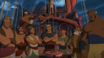 Movie still from “Sinbad: Legend of the Seven Seas” (2003), directed by Tim Johnson – A group of men standing next to each other in front of a building; Wide shot, Low angle