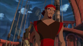 Movie still from “Sinbad: Legend of the Seven Seas” (2003), directed by Tim Johnson – A man with a red bandanna is standing in front of a ship; Medium shot, Over the shoulder angle