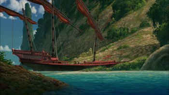 Movie still from “Sinbad: Legend of the Seven Seas” (2003), directed by Tim Johnson – A painting of a boat in the water near a mountain; Extreme Wide shot, Low angle