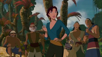 Movie still from “Sinbad: Legend of the Seven Seas” (2003), directed by Tim Johnson – A woman standing in front of a group of people; Medium shot, Low angle