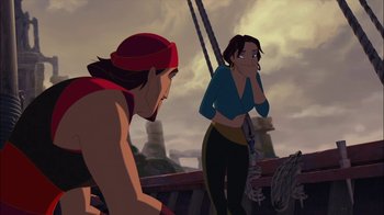 Movie still from “Sinbad: Legend of the Seven Seas” (2003), directed by Tim Johnson – A woman and a man on a boat in the water; Medium shot, Over the shoulder angle