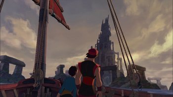 Movie still from “Sinbad: Legend of the Seven Seas” (2003), directed by Tim Johnson – A couple of people that are standing in front of a building; Extreme Wide shot, High angle