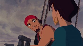 Movie still from “Sinbad: Legend of the Seven Seas” (2003), directed by Tim Johnson – A man and a woman are standing next to each other; Close Up shot, Over the shoulder angle