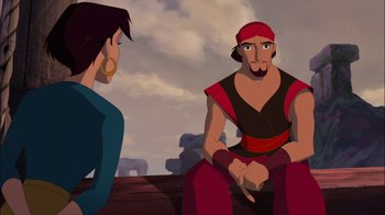 Movie still from “Sinbad: Legend of the Seven Seas” (2003), directed by Tim Johnson – A man sitting next to a woman on a bench; Medium shot, Over the shoulder angle