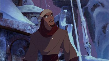 Movie still from “Sinbad: Legend of the Seven Seas” (2003), directed by Tim Johnson – A picture of a man with a beard and a hat; Medium shot, Over the shoulder angle