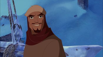 Movie still from “Sinbad: Legend of the Seven Seas” (2003), directed by Tim Johnson – An animated picture of a man with a beard; Close Up shot, Over the shoulder angle