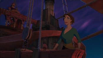 Movie still from “Sinbad: Legend of the Seven Seas” (2003), directed by Tim Johnson – A woman standing on top of a boat in the water; Medium shot, Low angle