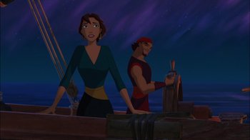 Movie still from “Sinbad: Legend of the Seven Seas” (2003), directed by Tim Johnson – A woman and a man standing in a boat; Medium shot, Over the shoulder angle