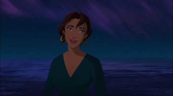 Movie still from “Sinbad: Legend of the Seven Seas” (2003), directed by Tim Johnson – An animated picture of a woman in front of the ocean; Medium shot, Over the shoulder angle