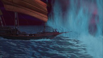 Movie still from “Sinbad: Legend of the Seven Seas” (2003), directed by Tim Johnson – A painting of a boat in the water; Extreme Wide shot, Low angle