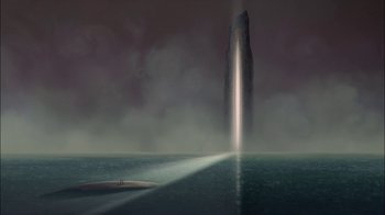 Movie still from “Sinbad: Legend of the Seven Seas” (2003), directed by Tim Johnson – A man standing in the middle of the ocean near an island; Extreme Wide shot, Low angle