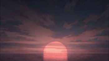 Movie still from “Sinbad: Legend of the Seven Seas” (2003), directed by Tim Johnson – The sun is setting over the ocean with a cloudy sky; Extreme Wide shot, Low angle
