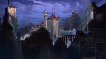 Movie still from “Sinbad: Legend of the Seven Seas” (2003), directed by Tim Johnson – An artistic painting of a castle in the middle of the night; Extreme Wide shot, Low angle